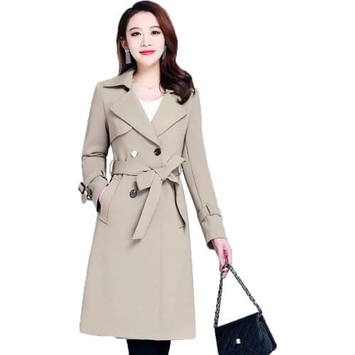 Spring 2021 Women New High-end Wind Breaker Jacket Female Mid-Length Slim Coat Suit Collar Double-Breasted Women Jacket Red B38
