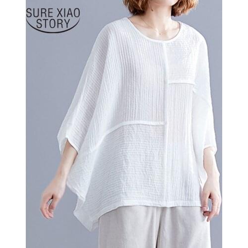 2021 Summer Plus Size Vintage Linen Cotton Short Sleeve Blouse Women Literary Stitching Solid Color Bat Sleeve Lady Tops 8906 50