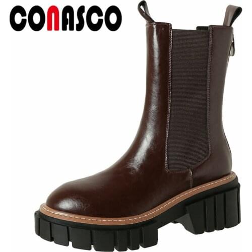 CONASCO Punk Women Ankle Boots Autumn Winter Warm Cow Leather Causal Prom Office Working Boots High Flatforms Motorcycle Woman