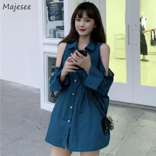 Shirts Women Solid Single Breasted Full Sleeve Off Shoulder Designer Sexy Korean Style Casual Loose Blue Office Lady Females Hot