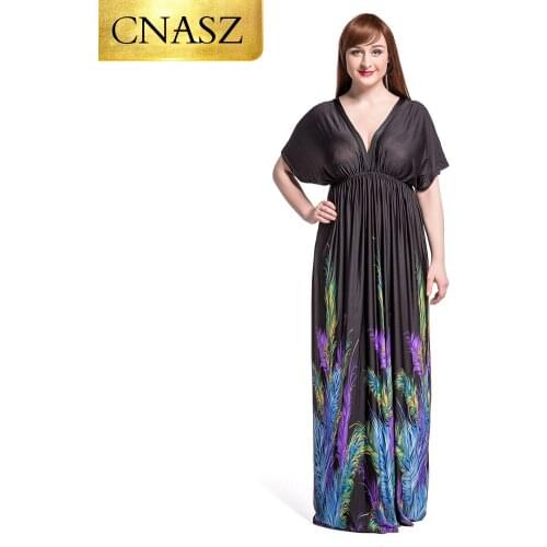 Plus Size Womens Bohemian Peacock Tail Hawaiian V-neck Batwing Sleeve Long Beach Dress Sundress