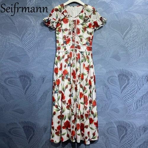 Seifrmann New 2021 Summer Women Fashion Designer Party Long Dress Short Sleeve Gorgeous Crystal Beading Floral Printed Dresses