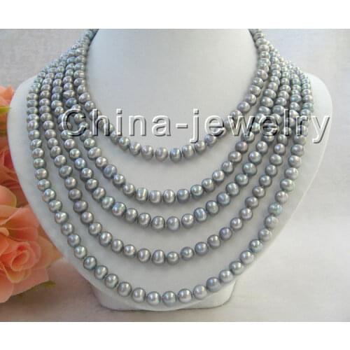 Free shipping hot sale Women Bridal Wedding Jewelry Beautiful 100" 7-8mm gray round freshwater pearl necklace