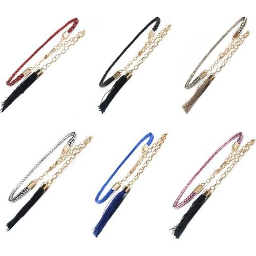 Women Gold Chain Braided Skinny Tassels Belt Adjustable Dress Jeans Waistband BLTHG0020