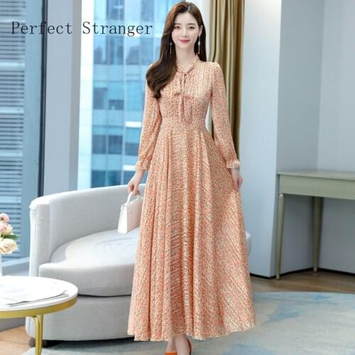 2021 Autumn New Arrival Elegant Bow Collar Flower Printed Collect Waist Long Sleeve Women Long Chiffon Beach Dress