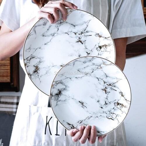1PCS Tableware Marble Plates Ceramic Dinner Set Gold Inlay Porcelain Dessert Plate Steak Salad Snack Cake Plates