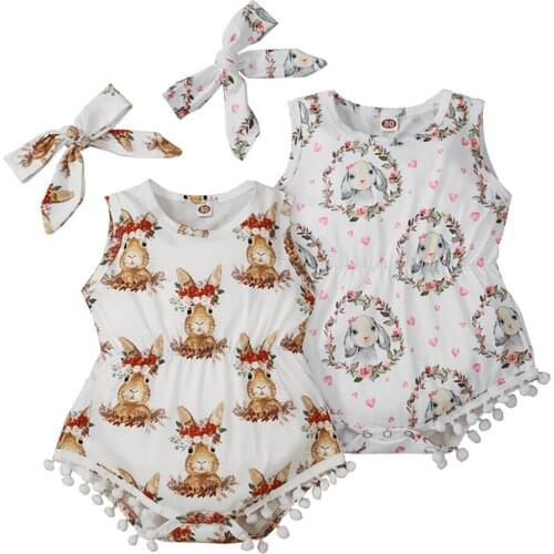 2021 Baby Girls Summer Clothing Newborn Baby Girls 2-piece Outfit Set Cartoon Rabbit Print Romper+Headband Set For Kids