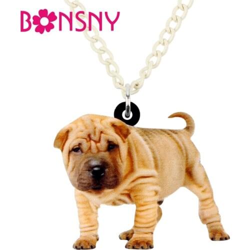 Bonsny Acrylic Standing Chinese Shar Pei Dog Necklace Pendant Chain Choker Fashion Animal Jewelry For Women Girls Ladies Teens
