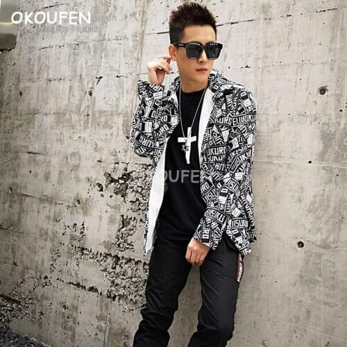 Black and white letter printed long-sleeved shirt nightclub tide male hair stylist casual shirt casual loose shirt