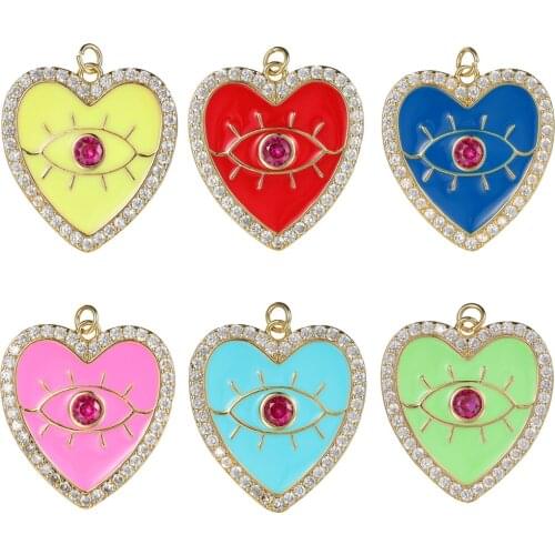 JUYA Enamel Eyes Pendants For DIY Necklace Finding Supplies Inlaid Zirconia Colorful Heart Charms Pendant Bracelets Accessories