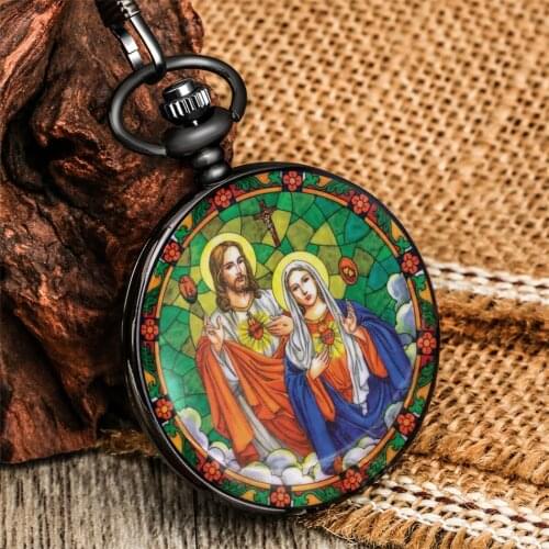 Jesus Virgin Mary Pattern Colorful Printed Quartz Pendant Pocket Watch Collection Souvenir Antique Pocket Clock Gifts Men Women