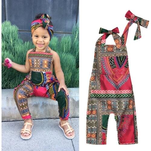 JEMMALEONG 2020 News African Clothes Dashiki Floral Print Rompers Summer Jumpsuit Hair Band For Baby Girl African Dress For Kids