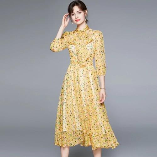 JSXDHK 2021 Summer Vacation Runway Dress Fashion Women Chiffon Bow Collar Flower Print Yellow Ladies Wedding Party Midi Dresses