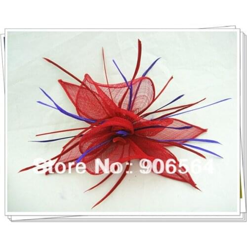 Red with Purple Decoration Hair Clip Sinamay Fascinator Hats Nice Wedding Feather Hair Accessories Charming Millinery RMSF160