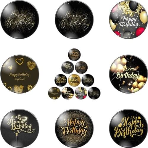 Giliter Happy Birthday Phrase Patterns Round Photo Glass Cabochon Demo Flat Back Making Findings 10mm/12mm/18mm/20mm/25mm/30mm