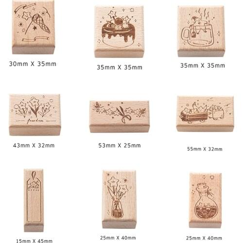 Cute Wooden Rubber Stamps Stars Flowers Cakes Decorative Rubber Stamp Wood Mounted Rubber Stamps For DIY Scrapbooking Stationery