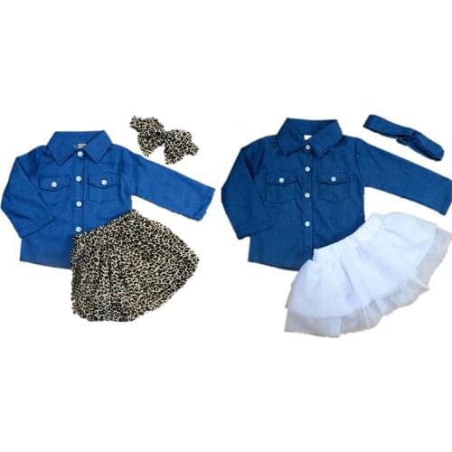 Fashion Baby Girls Clothes Denim Long Sleeve Tops+Leopard Culotte Skirt Headband Outfits Children Girls Clothing 3PCS Set