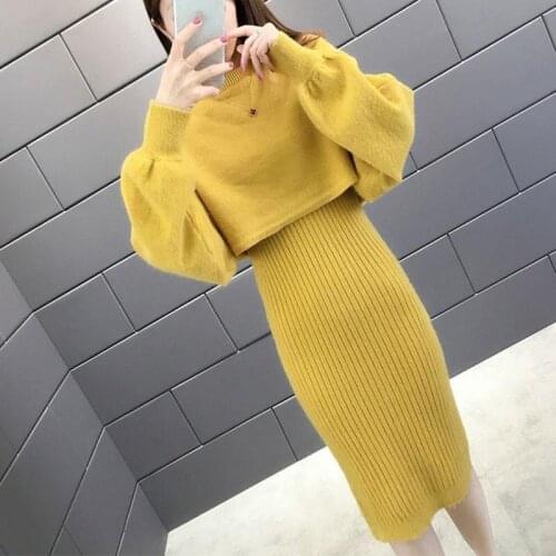 Fashion 2 Piece Set Women Sexy Slim Fit Bodycon Dress Women and Solid Color Loose Knit Sweaters 2021 Chic Two Piece Suit X74