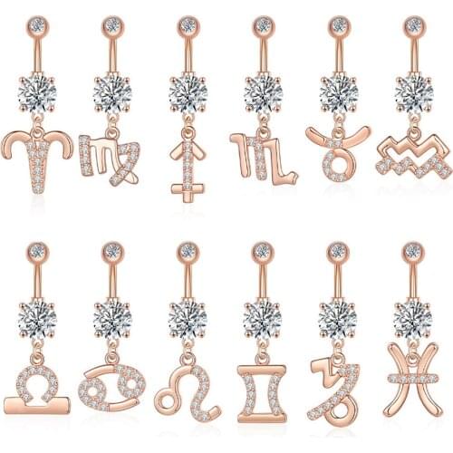 12PCS Constellations Piercing Belly Button Bars Set Navel Ring Stud for Women Surgical Steel Post Sexy Piercings Jewelry 14G