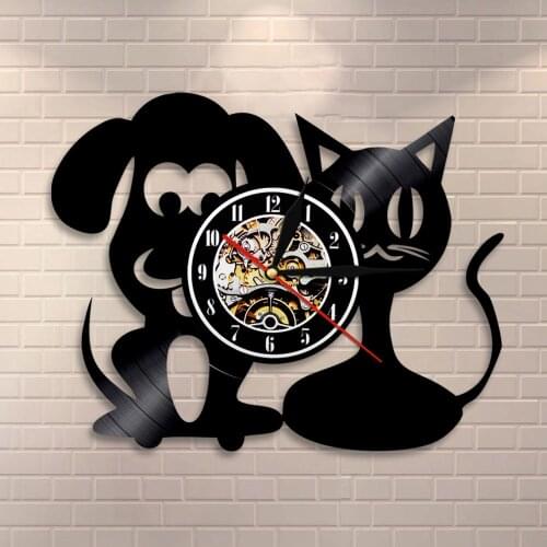 Pet Clinic Wall Decor Vinyl Record Vintage Clock Cat and Dog Wall Clock Kid Room Nursery Wall Art Clock Veterinarian Gift