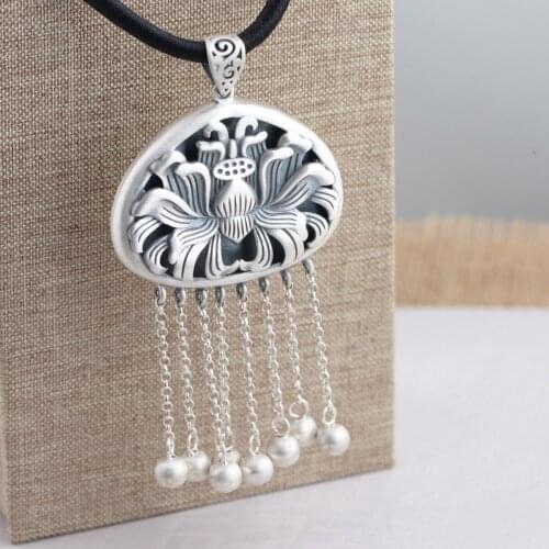 Handmade silver wholesale 990 fine silver pendant Thai silver antique style for women blooming flowers tassel pendant