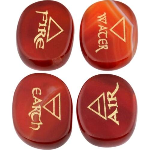 TUMBEELLUWA 1Set (4Pc) Carnelian Palm Stone Engraved Element Symbols Healing Crystal Reiki Air Water Fire Earth