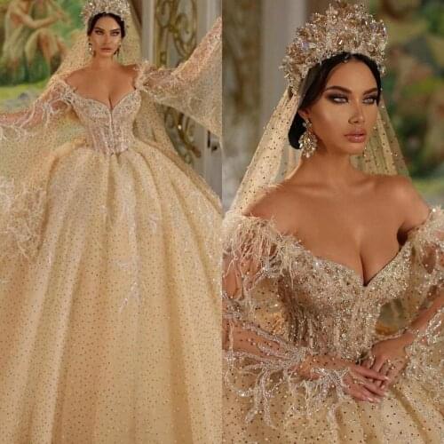 Luxurious Gold Vintage Wedding Dresses Plus Size Off Shoulder Long Sleeves Lace Sequined Bridal Gowns A Line Backless vestido de