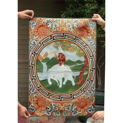 24" Tibet Buddhism Silk Cloth Monkey Ride Elephant Thangka Embroidery Mural