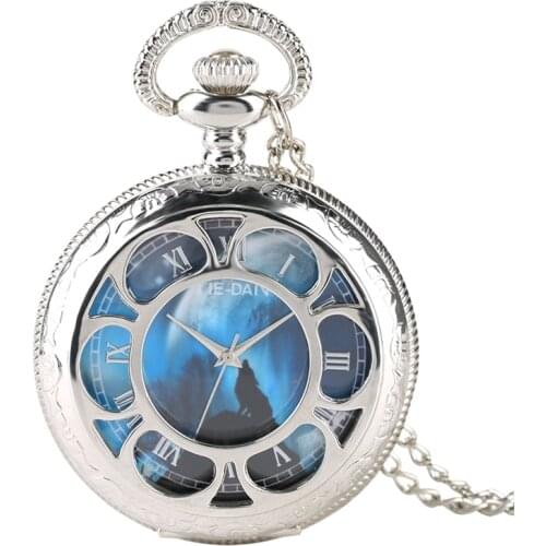 Blue Wolf Dial Quartz Pocket Watch Fashion Night Charm Jewelry Necklace Chain FOB Silver Clock as Pendant Gifts for Men Women