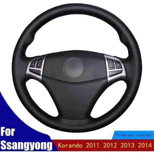 Hand-stitched Car Steering Wheel Covers Anti-slip Black Genuine Leather For Ssangyong Korando 2011 2012 2013 2014