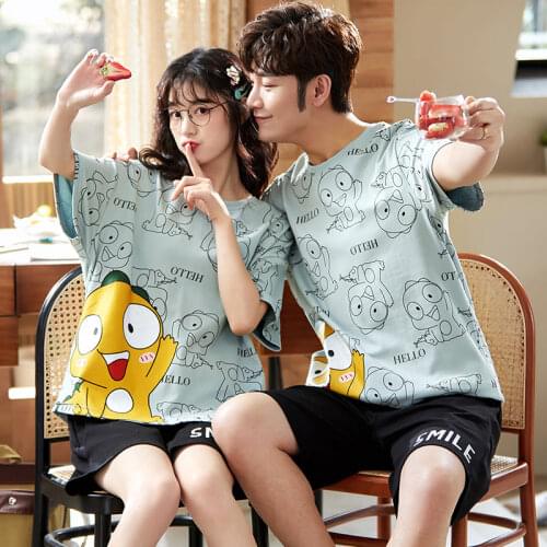 Cute Cartoon Print Summer Pajamas Cotton Couple Short Sleeve Pajamas Set Men Outdoor Loungewear Korean Plus Size Women Sleepwear
