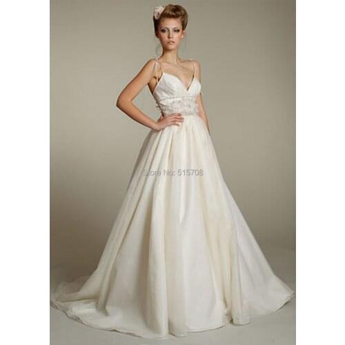 Ivory Lovely Sexy Deep V neck Spaghetti Ball Gown lace Flowers Organza Wedding Dress Bridal Gown Cheap Free Shipping