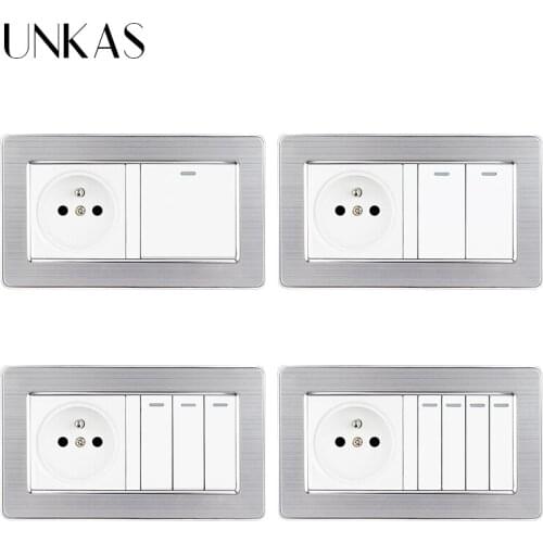 UNKAS French Standard Wall Socket 146MM*86MM + 1 2 3 4 Gang 1 / 2 Way On / Off Light Switch Stainless Steel Panel Outlet