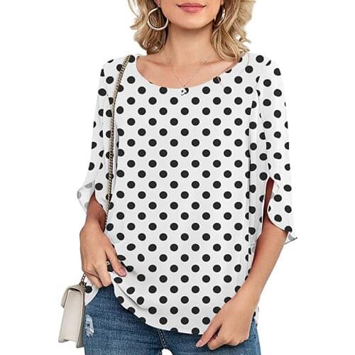 Womens Chiffon Blouse Casual Polka Dot Printing O-Neck Loose 3/4 Sleeve Blouse Tops Plus Size Summer Elegant Shirt blusas