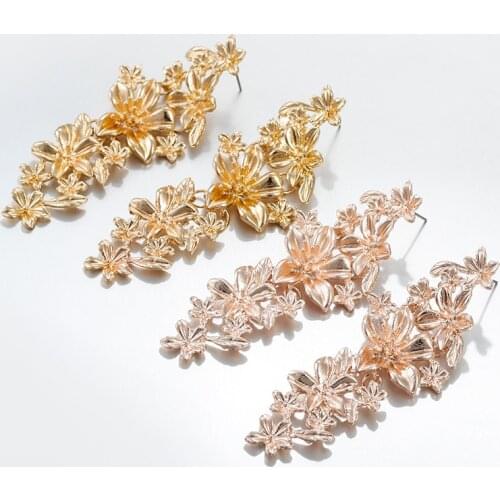 AENSOA Long Gold Color Flower Alloy Drop Earrings For Women Statement Metal Earrings Fashion Jewelry Wholasale 2019 Bijoux