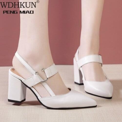 2020 Summer Sandals Dress Party Shoes PU Leather High Heel Sandals Womens Mules Ladies Pointed Toe Chunky Heel White Yellow