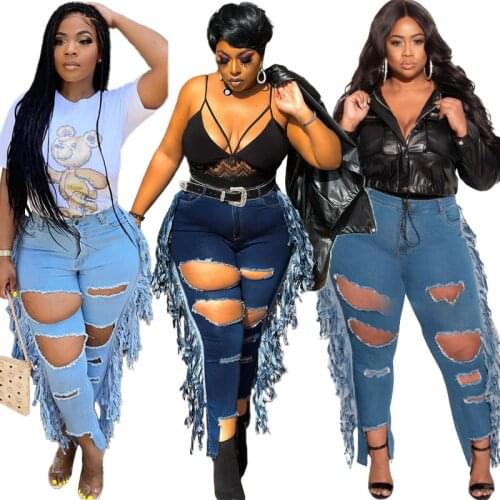 Streetwear Women Plus Size Ripped Jeans 2021 Autumn Drop-shipping High Waist Hollow Out Light Washed Tassels Denim Pencil Pants