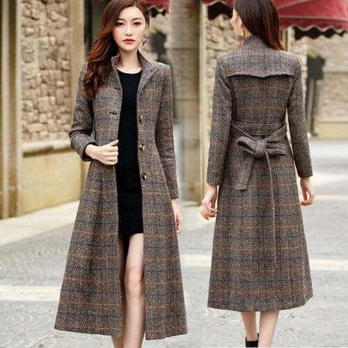 Fashion Plaid Woolen Trench Coat Female Autumn and Winter 2019 Womens Long Temperament Slim Stand Collar Mom Woolen Coat f2349