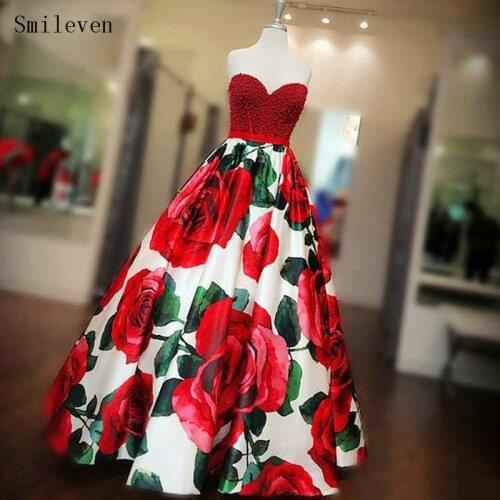 Smileven printing Prom Gowns Rose Flowers Formal Party Dress Sweetheart Arabic Robe De Soiree Beaded Evening Gowns