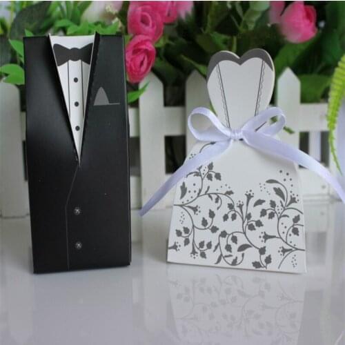 100Pcs Candy Box Bridal Gift Cases Groom Tuxedo Dress Gown Ribbon Wedding Favors Sugar Case Wedding Decoration mariage casamento