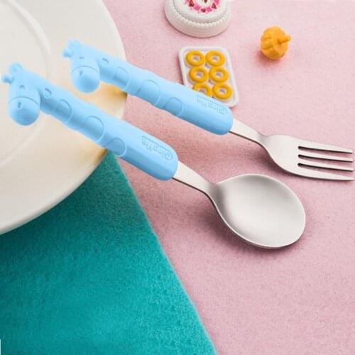 2Pcs/Set Stainless Steel Kids Tableware Cartoon Animal Portable Utensils Baby Training Spoon Fork Children Feeding Supplies