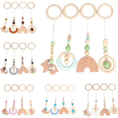 4 Pcs/Set Baby Play Gym Frame Stroller Hanging Pendant Wooden Ring Teether Molar