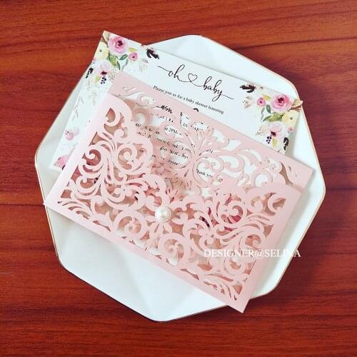 50 Pieces/Lot) Hollow Wedding Invitation With Pearl And Envelope DIY Personalized Print Pocket Gift Cards For Baby Shower Party