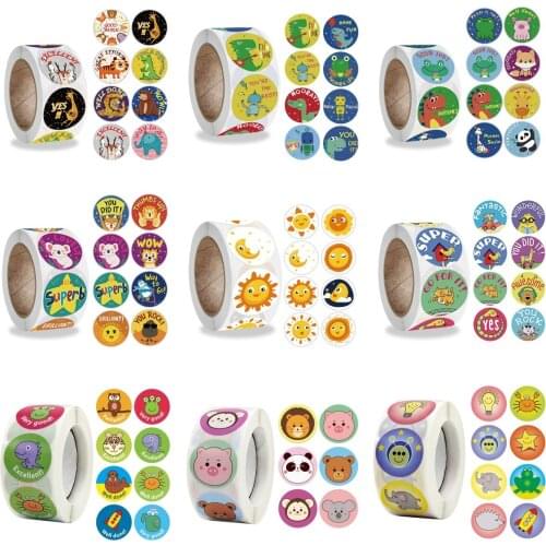 500Pcs/Roll 8 Styles Round Cartoon Sun Smiley Kids Reward Stickers Party Handmade Scrapbooking Gift Packaging Seal Label 900C
