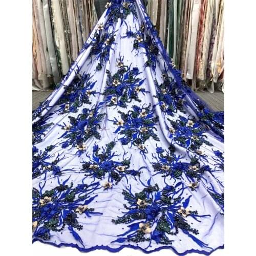 African Lace Fabrics with 3d flowers and beads L-518689 High Quality Lace French Nigerian Tulle Lace Fabrics For Wedding Dress
