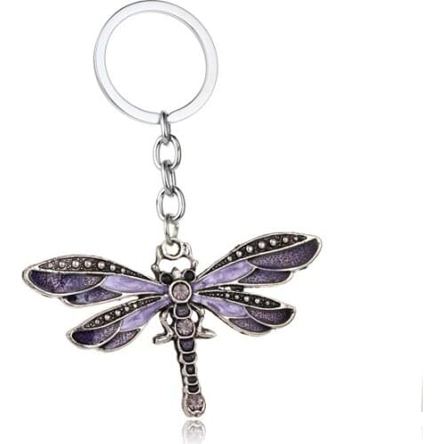 36PC Dragonfly Keyrings Animals Purple Crystal Rhinestone Charm Pendant Keychains Lovers Couples Valentines Day Gifts Jewelry