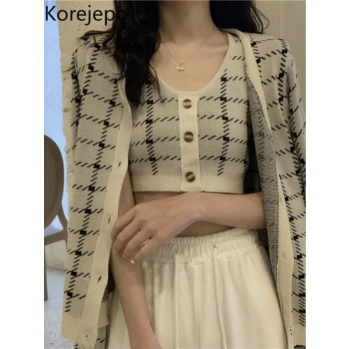 Korejepo Women Sweater 2021 Autumn New Plaid Sweater Cardigan Jacket Knitted Sweater Long-sleeved Outer Wear Coat Two-piece Suit