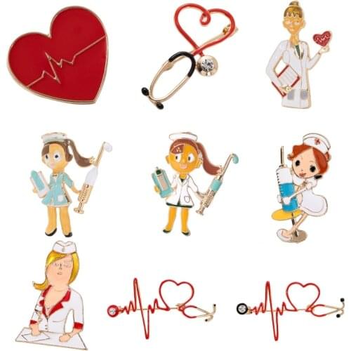 Creative Enamel Love Heart Stethoscope Brooch Cartoon Doctor Nurse ECG Metal Alloy Jewelry Micro Badge Lapel Pin Gift