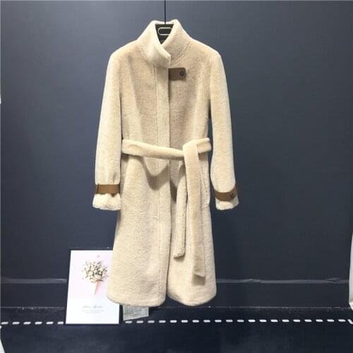 X-long women coat clothes winter new arrival 2021 parka real sheep fur jacket with sashes outerwear thick warm stand collar