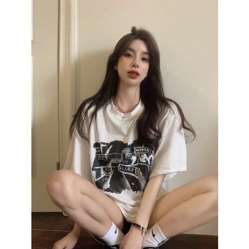 Summer retro comic print loose short-sleeved T-shirt womens bottoming shirt all-match casual